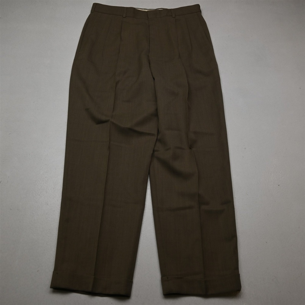 Vtg Y2K 2000s 32x30 Tan Brown‎ Wool Pleated Cuffed Baggy High Waist Mens Pants